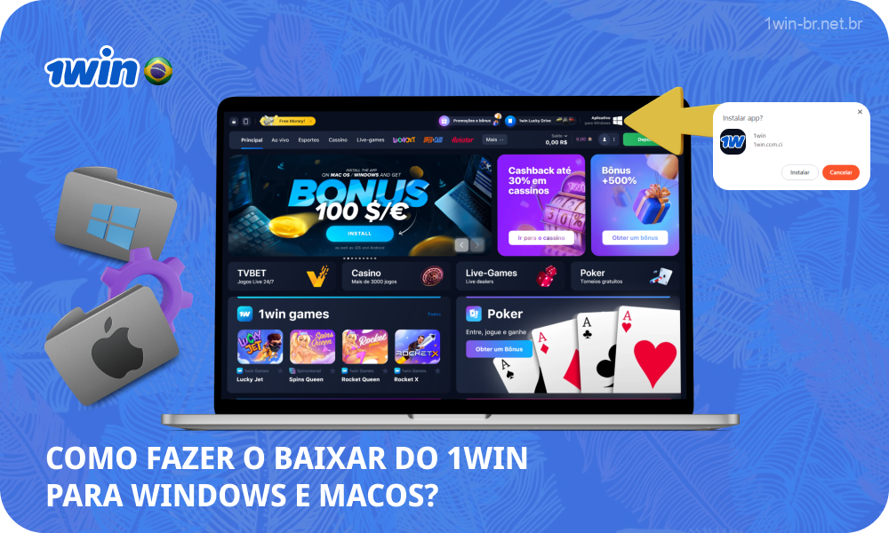 Para baixar o aplicativo 1win para Windows ou MacOS, os jogadores brasileiros precisam abrir o site oficial do cassino, encontrar o botão de download, clicar nele, instalar o aplicativo no seu dispositivo e o ícone do aplicativo aparecerá na sua tela inicial ou pasta