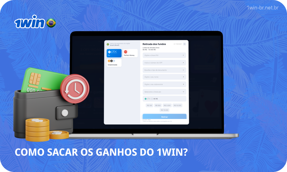 Para retirar ganhos do 1win, os jogadores do Brasil precisam entrar em sua conta pessoal e selecionar a opção Retirar, confirmar seus dados de contato, indicar a opção de pagamento e dados bancários