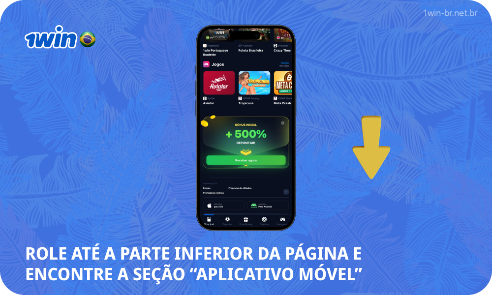 Para baixar o arquivo de instalação do aplicativo mobile 1win para iOS, o usuário brasileiro precisa encontrar a seção do aplicativo mobile no final da página e clicar no botão com o logotipo do sistema operacional do seu smartphone