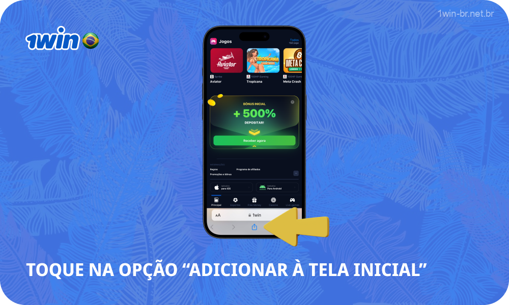 Para instalar o aplicativo 1win Brasil no seu iPhone, clique no botão Adicionar à tela inicial