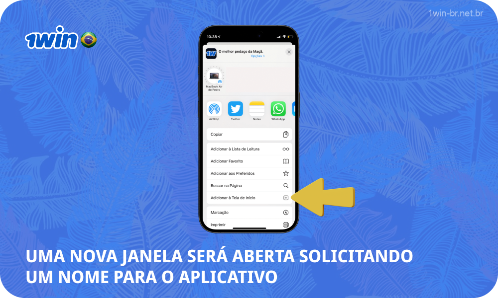 Para adicionar o aplicativo 1win à tela principal de um smartphone no iOS, jogadores do Brasil precisam inserir o nome do aplicativo