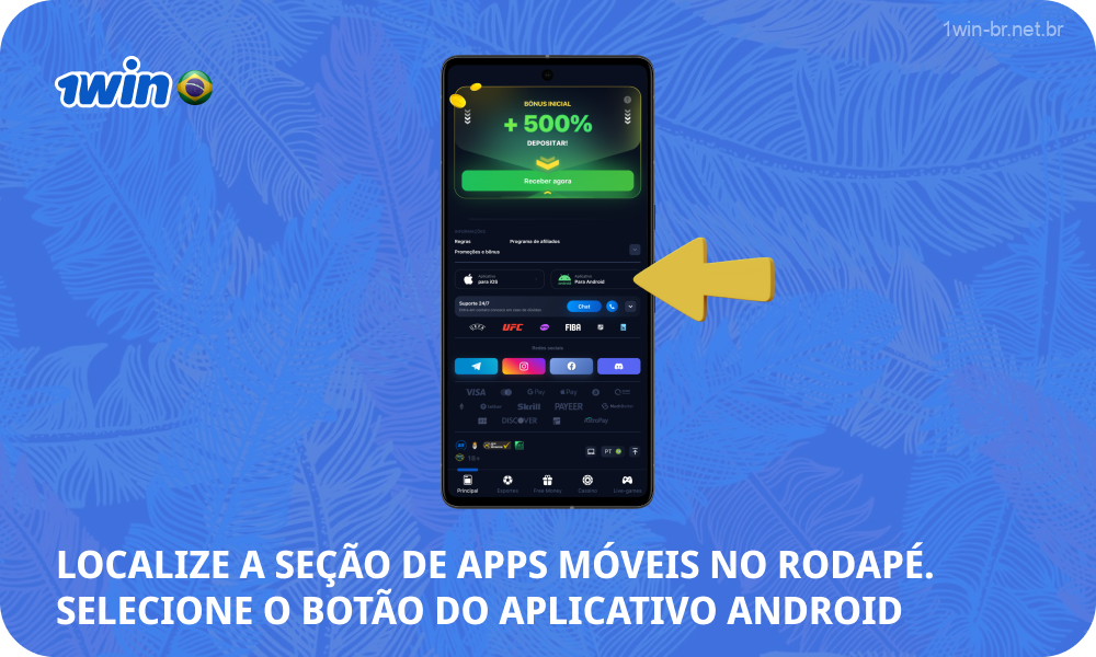 No site 1win, acesse a seção de aplicativos móveis localizada na parte inferior da página e clique no botão para baixar o aplicativo em seus dispositivos Android