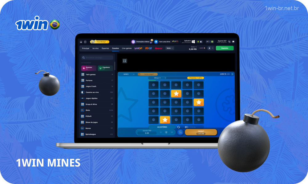 A 1win Brasil oferece aos seus jogadores um emocionante jogo de Mines que exige pensamento estratégico na hora de fazer apostas e escolher slots contendo prêmios ou minas, disponível tanto no modo demo quanto com dinheiro real após cadastro e depósito